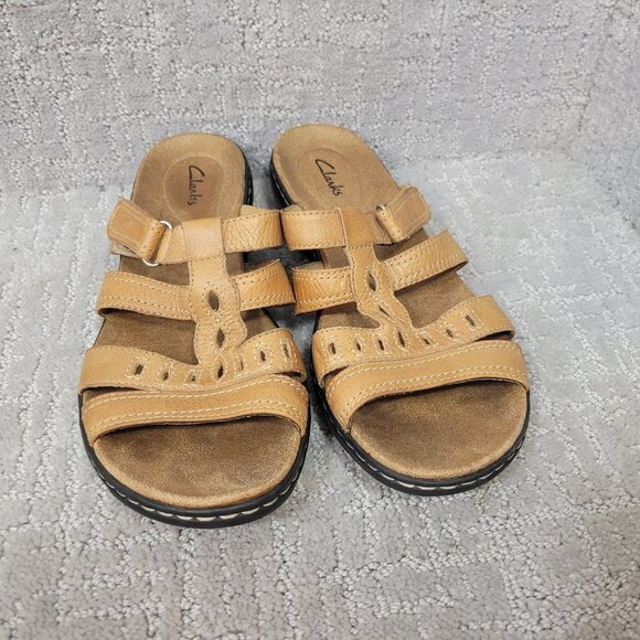 Clarks Women's Size US 10M Brown Leather Laser Cut Slip On Buckle Slide Sandals. - Picture 3 of 11